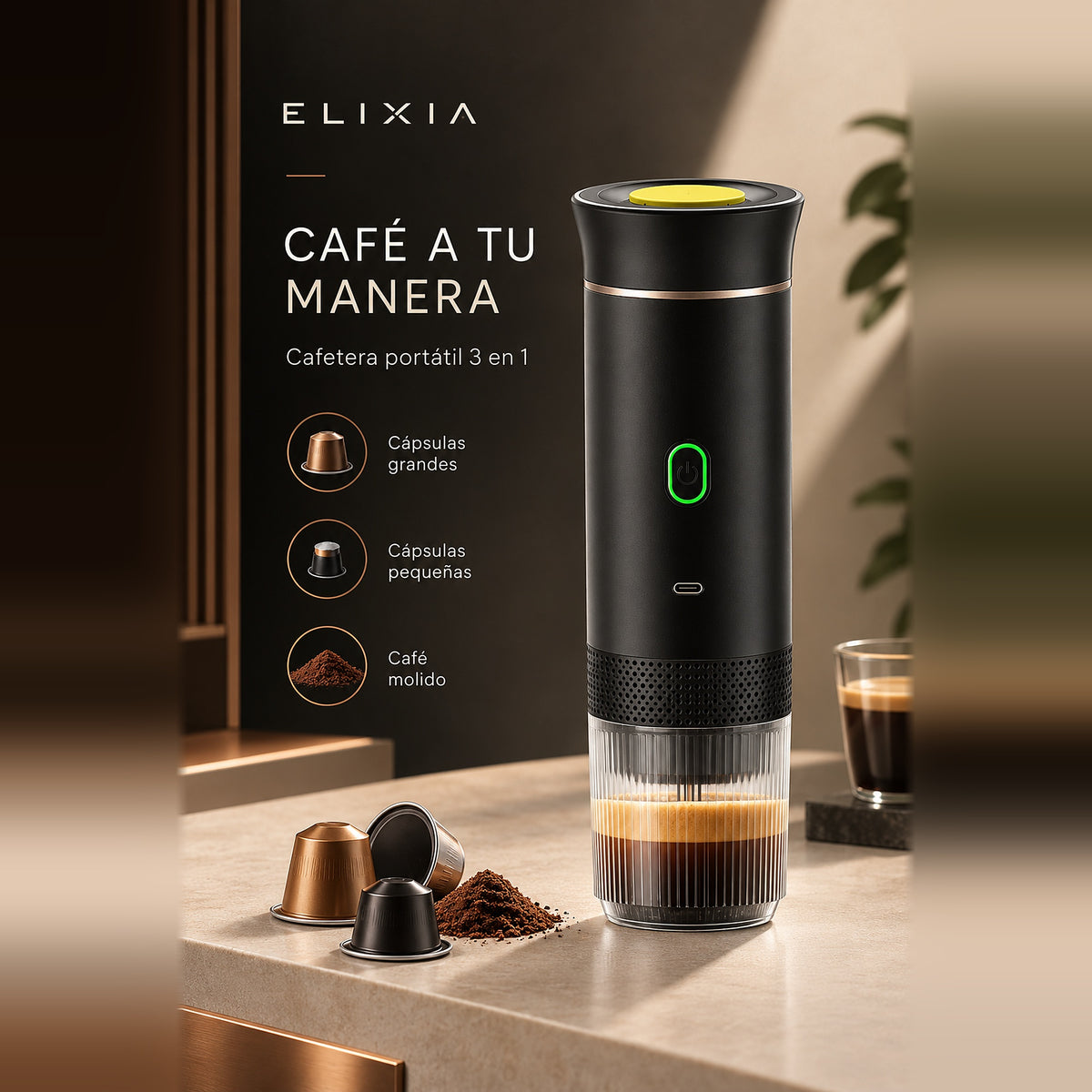 Cafetera portátil 3 en 1: café recién hecho donde estés, sin cables